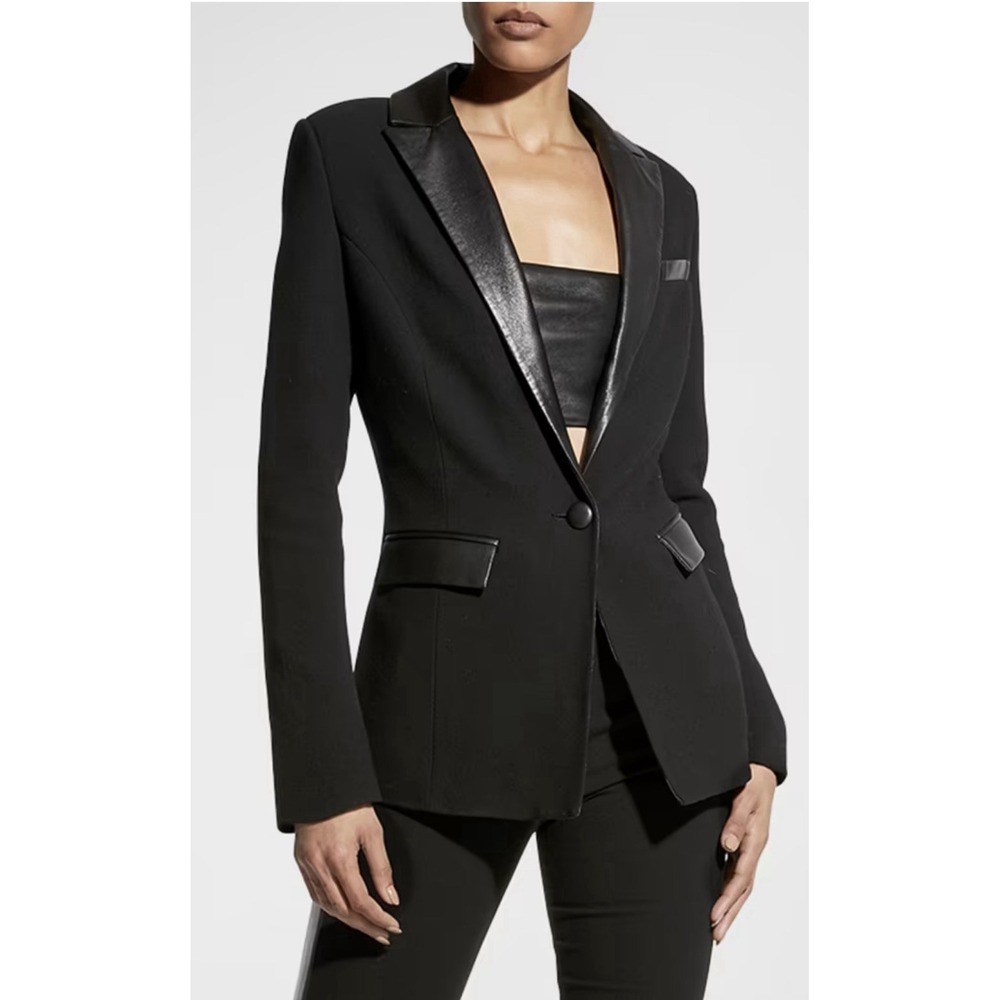 AS by DF Size Small Rory Recycled Leather Trim Tuxedo Blazer Black Wool Luxury